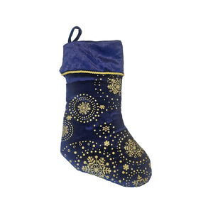 Blue Velvet Gold Glitter Snowflake Embellished Christmas Holiday Stocking 16"